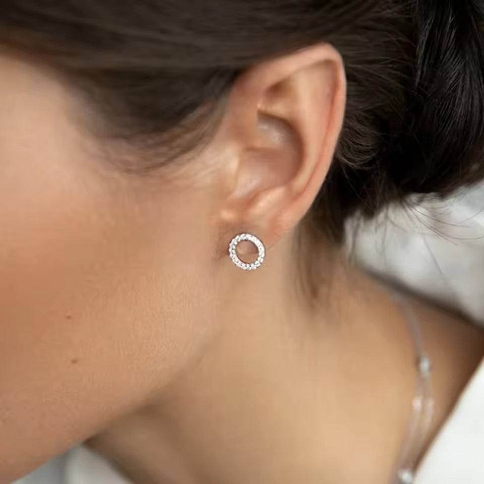 Dainty S925 gold round earrings with full zircon detail, styled for minimalist fashion and gift ideas for her