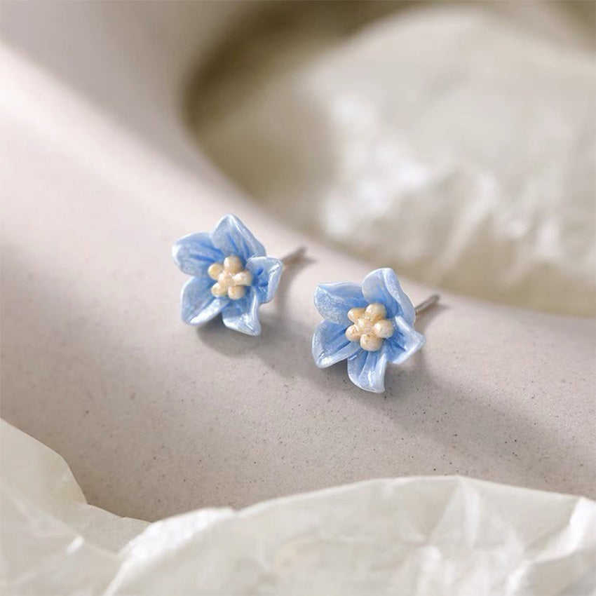 s925 sterling silver blue flower stud earrings with hand-painted petals and pearl-like center, perfect for spring and everyday wear