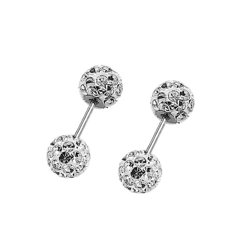 Five pairs of 999 silver crystal ball stud earrings in assorted sizes from 3mm to 6mm, sparkling under natural light
