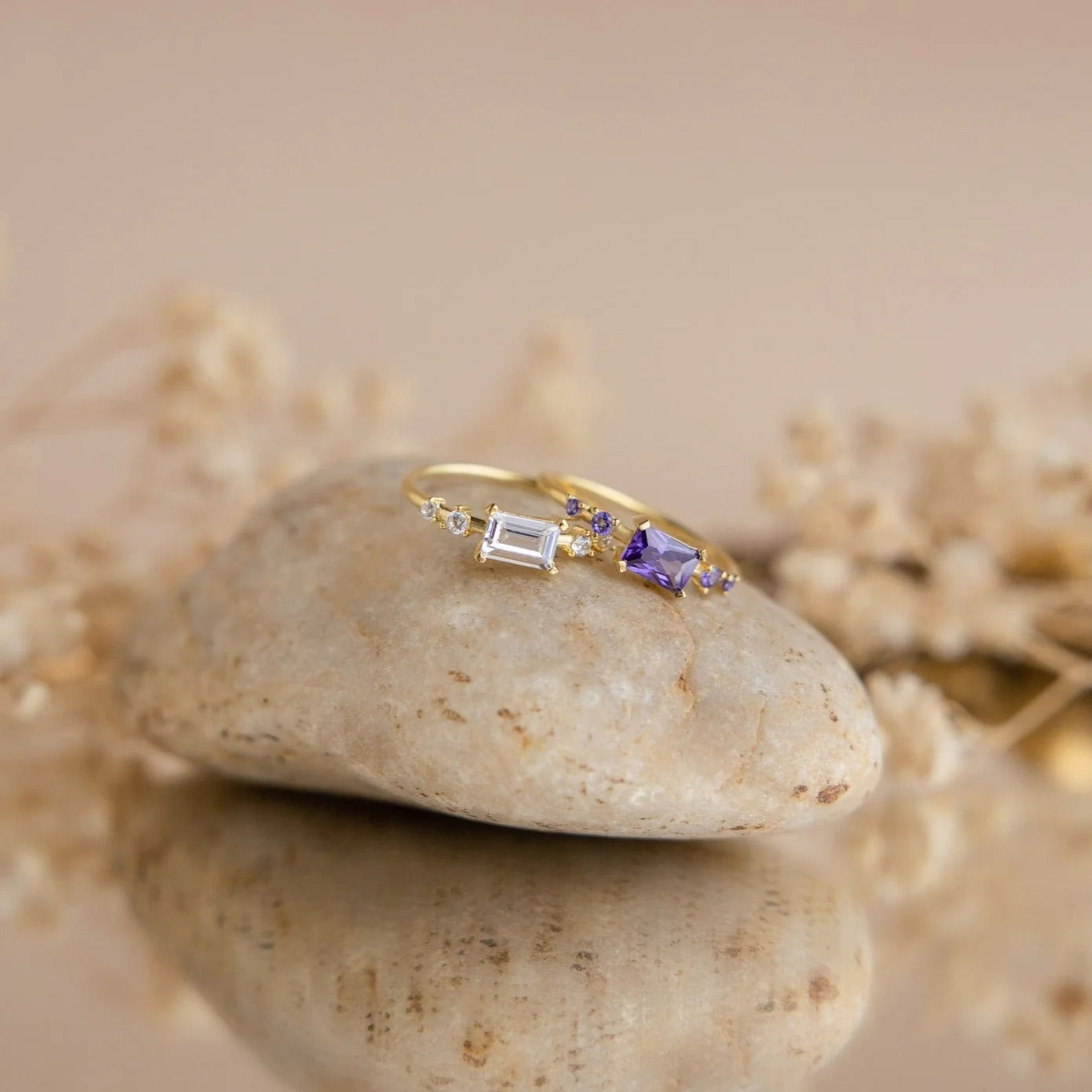 gold plated CZ promise rings with rectangular stones in three birthstone colors