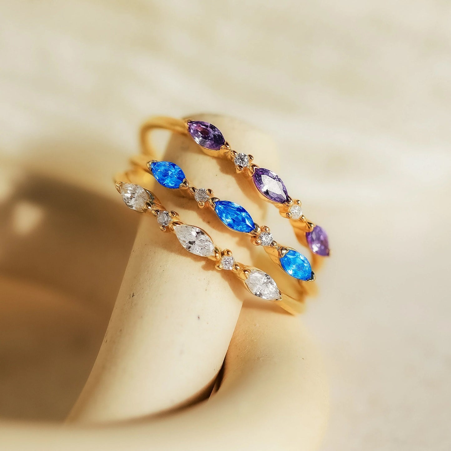 minimalist gemstone rings in marquise and round cut for stacking or gifting