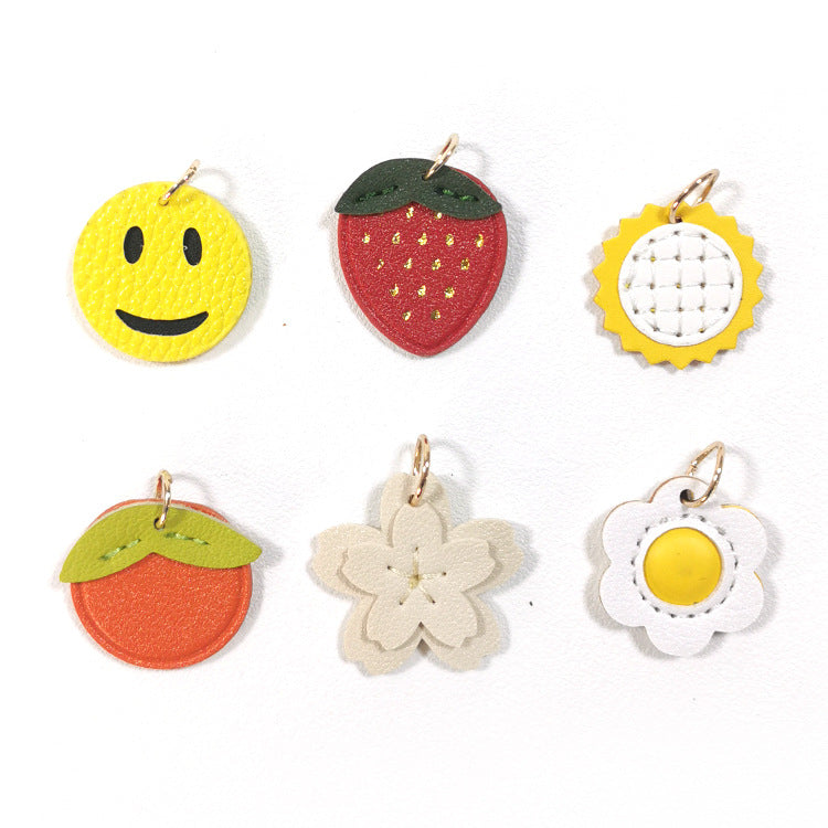 Creative PU Leather Keychain – Smiley Face, Strawberry, Orange, Flower Charms (5 pcs)