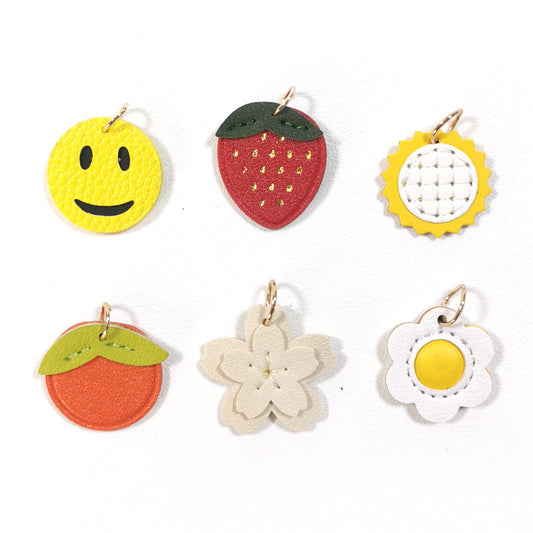 Creative PU Leather Keychain – Smiley Face, Strawberry, Orange, Flower Charms (5 pcs)