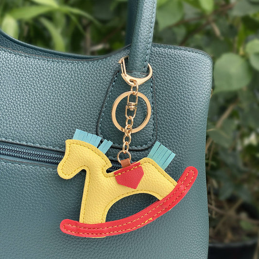 Cute PU Leather Rocking Horse Keychain with Braided Rope Charm (5 pcs)