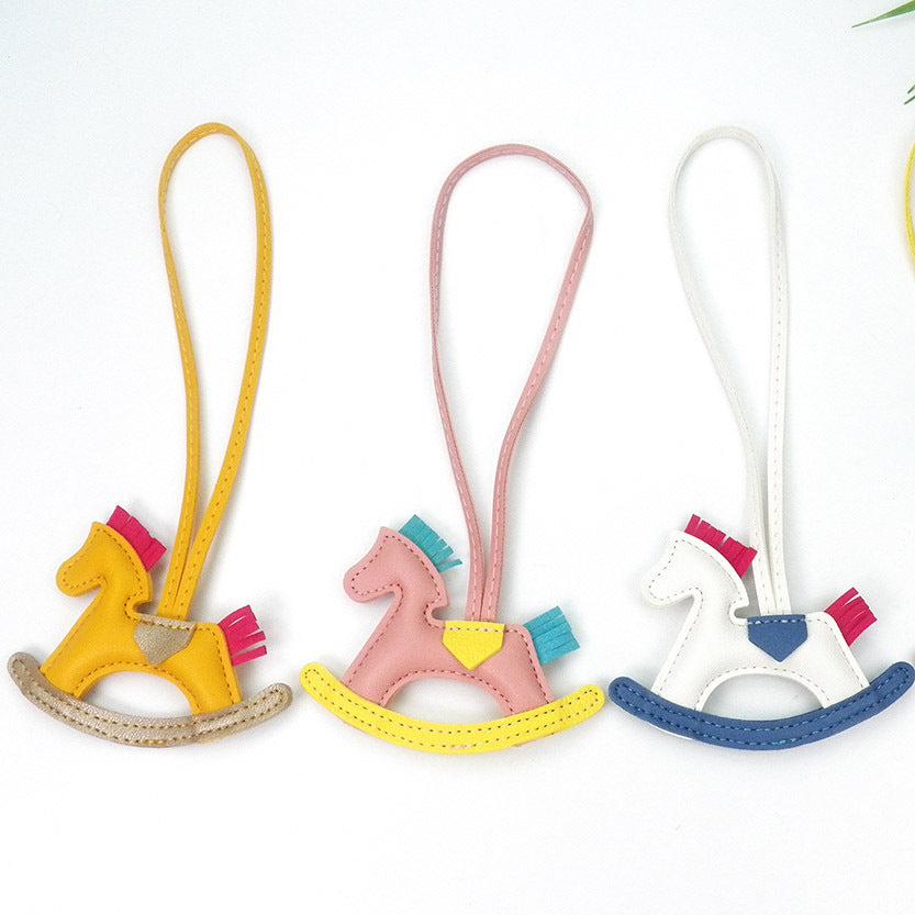 Cute PU Leather Rocking Horse Keychain with Braided Rope Charm (5 pcs)