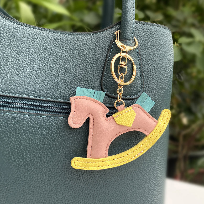 Cute PU Leather Rocking Horse Keychain with Braided Rope Charm (5 pcs)