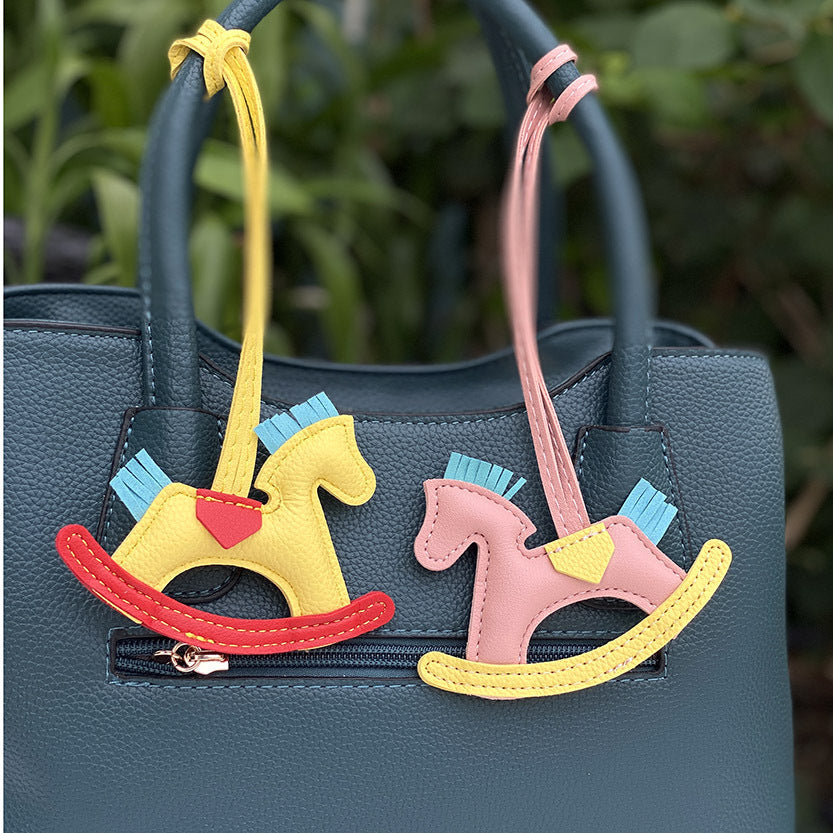 Cute PU Leather Rocking Horse Keychain with Braided Rope Charm (5 pcs)