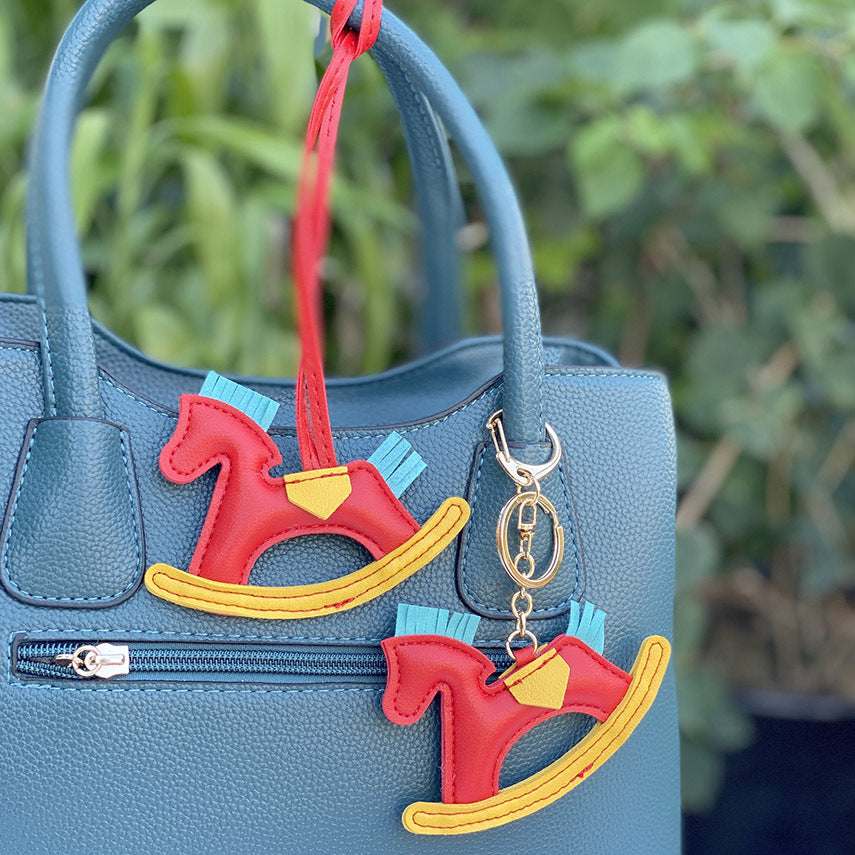 Cute PU Leather Rocking Horse Keychain with Braided Rope Charm (5 pcs)