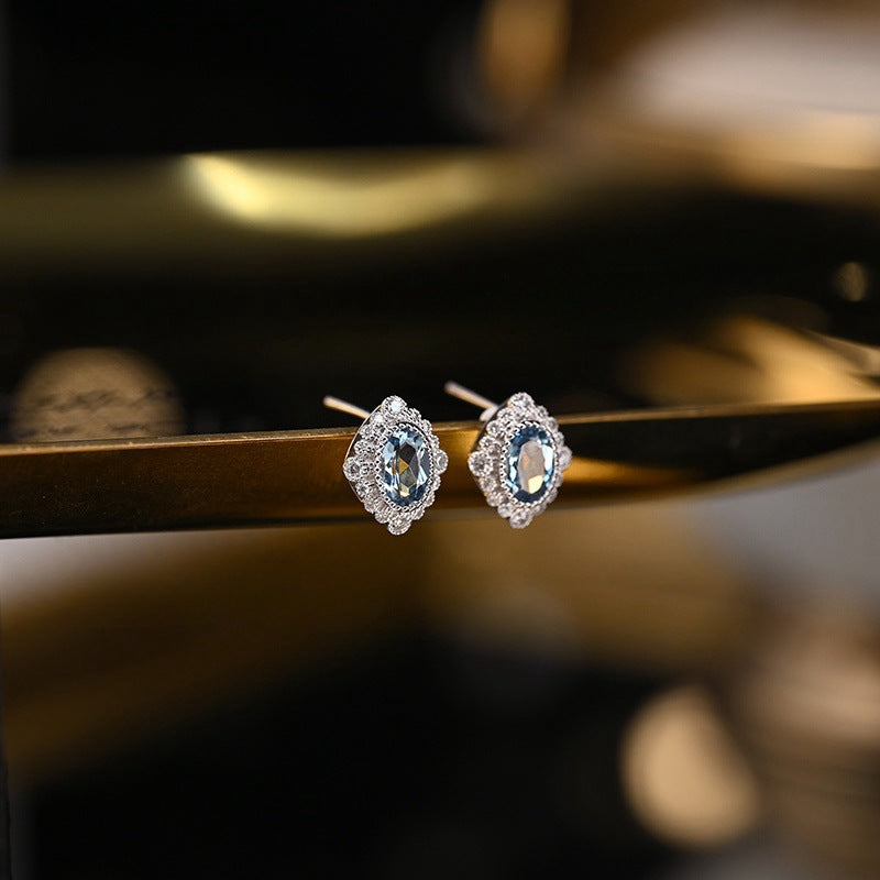 925 Sterling Silver Gold Plated Vintage Rhombus Stud Earrings with Aquamarine Cubic Zirconia (5 Pairs)