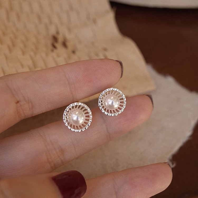 925 Sterling Silver French Style Hollow Shell Pearl Stud Earrings (5 Pairs)