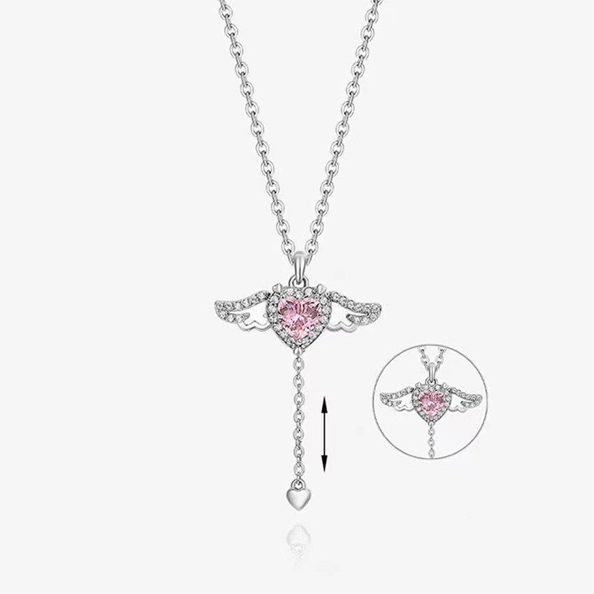 925 Sterling Silver Heart Pendant Necklace with Angel Wings Romantic Jewelry for Girlfriend