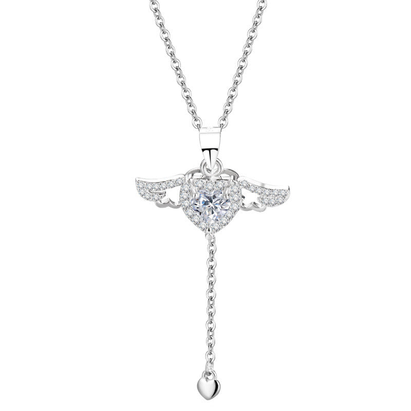 925 Sterling Silver Heart Pendant Necklace with Angel Wings Romantic Jewelry for Girlfriend
