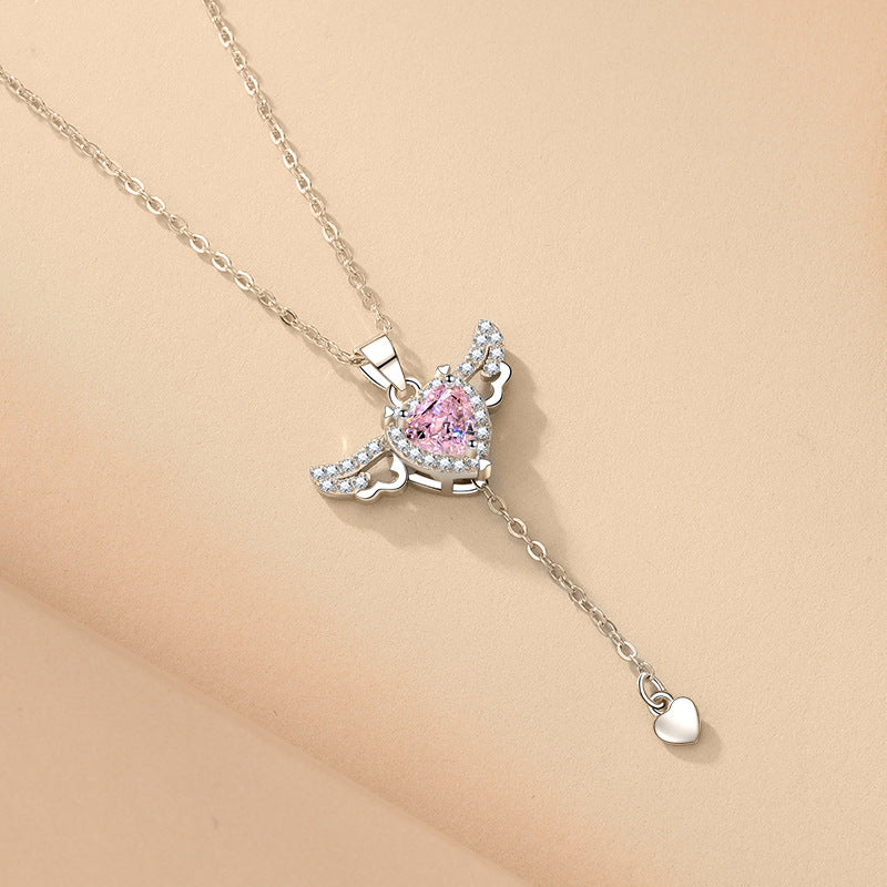 925 Sterling Silver Heart Pendant Necklace with Angel Wings Romantic Jewelry for Girlfriend