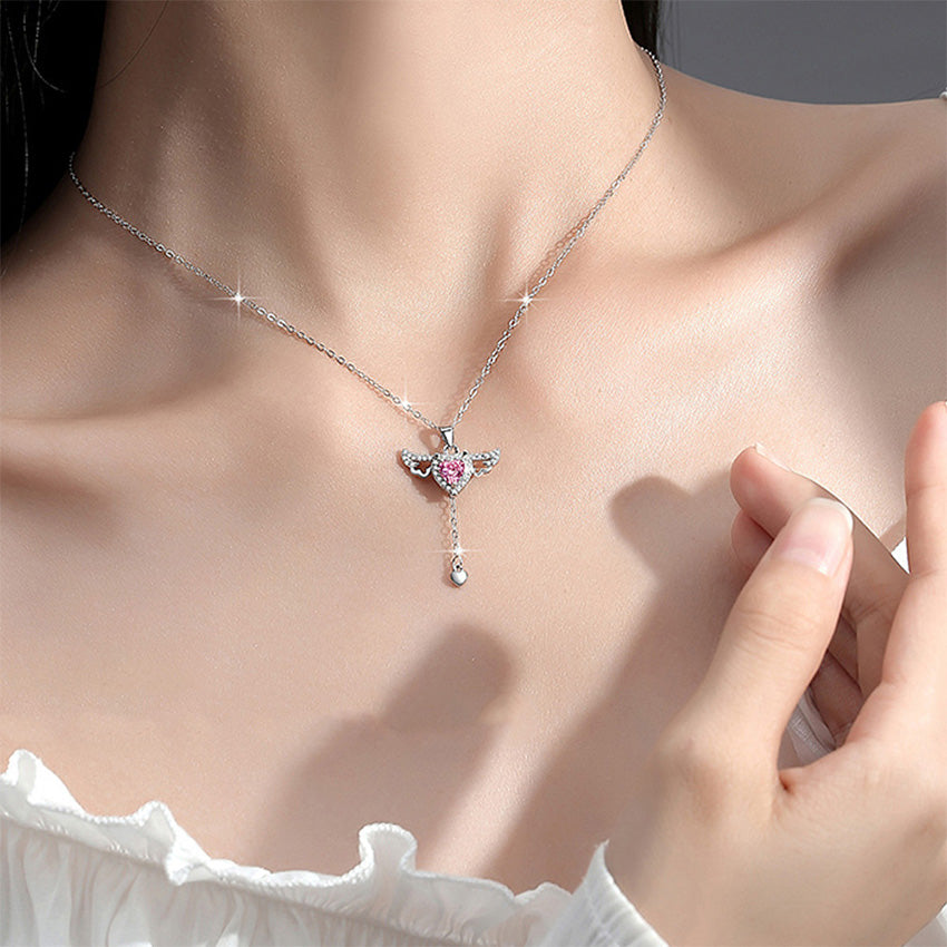 925 Sterling Silver Heart Pendant Necklace with Angel Wings Romantic Jewelry for Girlfriend
