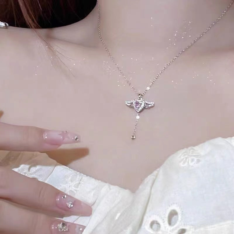 925 Sterling Silver Heart Pendant Necklace with Angel Wings Romantic Jewelry for Girlfriend