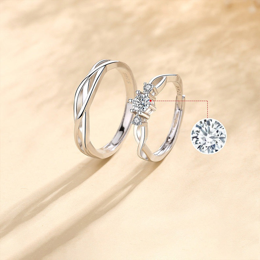 999 sterling silver couple rings set with twisted design and cubic zirconia for engagement or anniversary