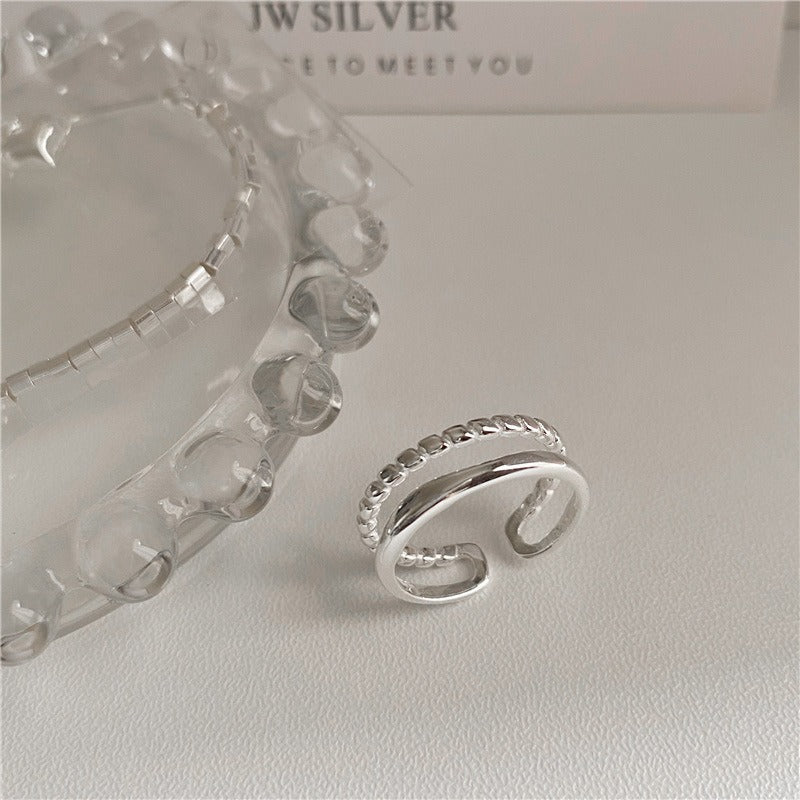 925 sterling silver adjustable double band ring with twisted chain and wave design