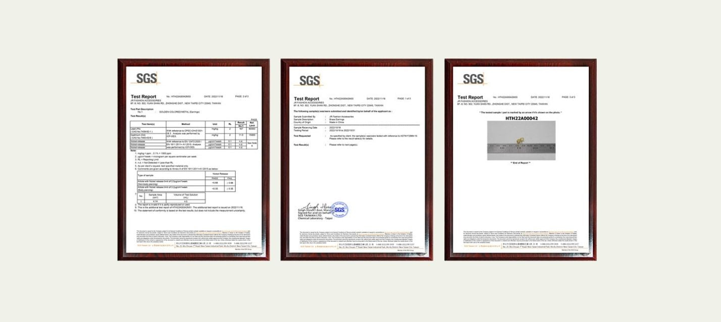 SGS certification report for nickel-free and cadmium-safe jewelry by JR Fashion Accessories