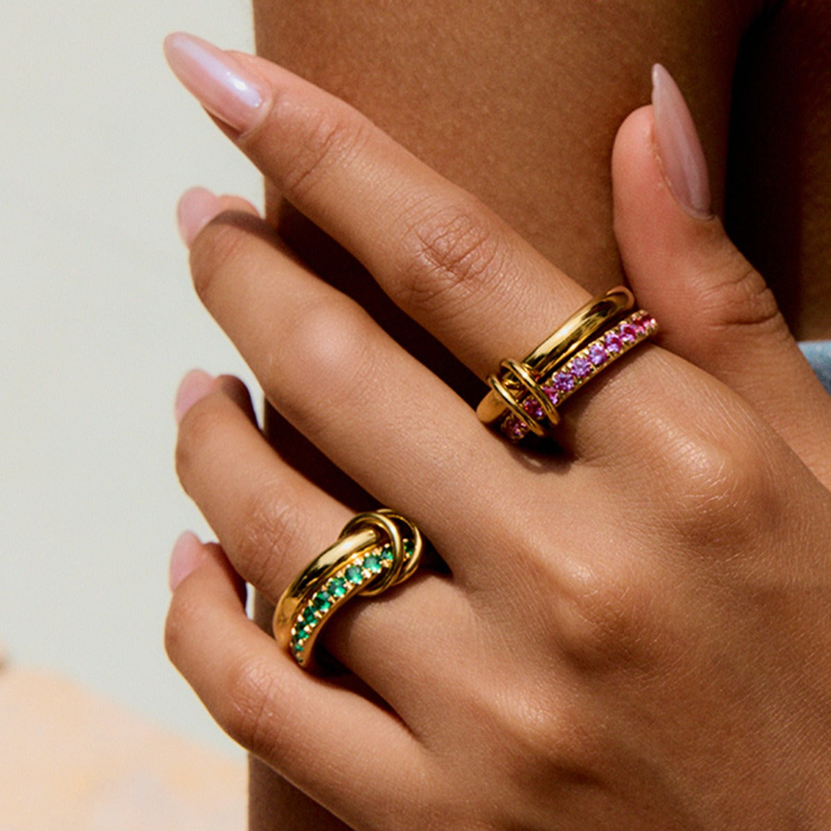 Pink zircon gold fashion ring made from stainless steel with PVD gold plating, stackable and non fading
