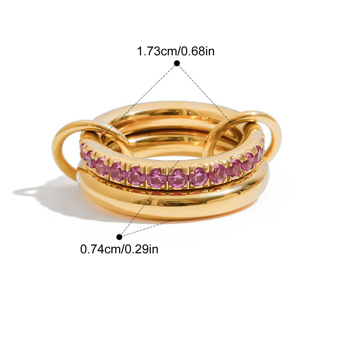 Gold PVD plated stainless steel ring with cubic zirconia stones in white color, non tarnish waterproof jewelry for women