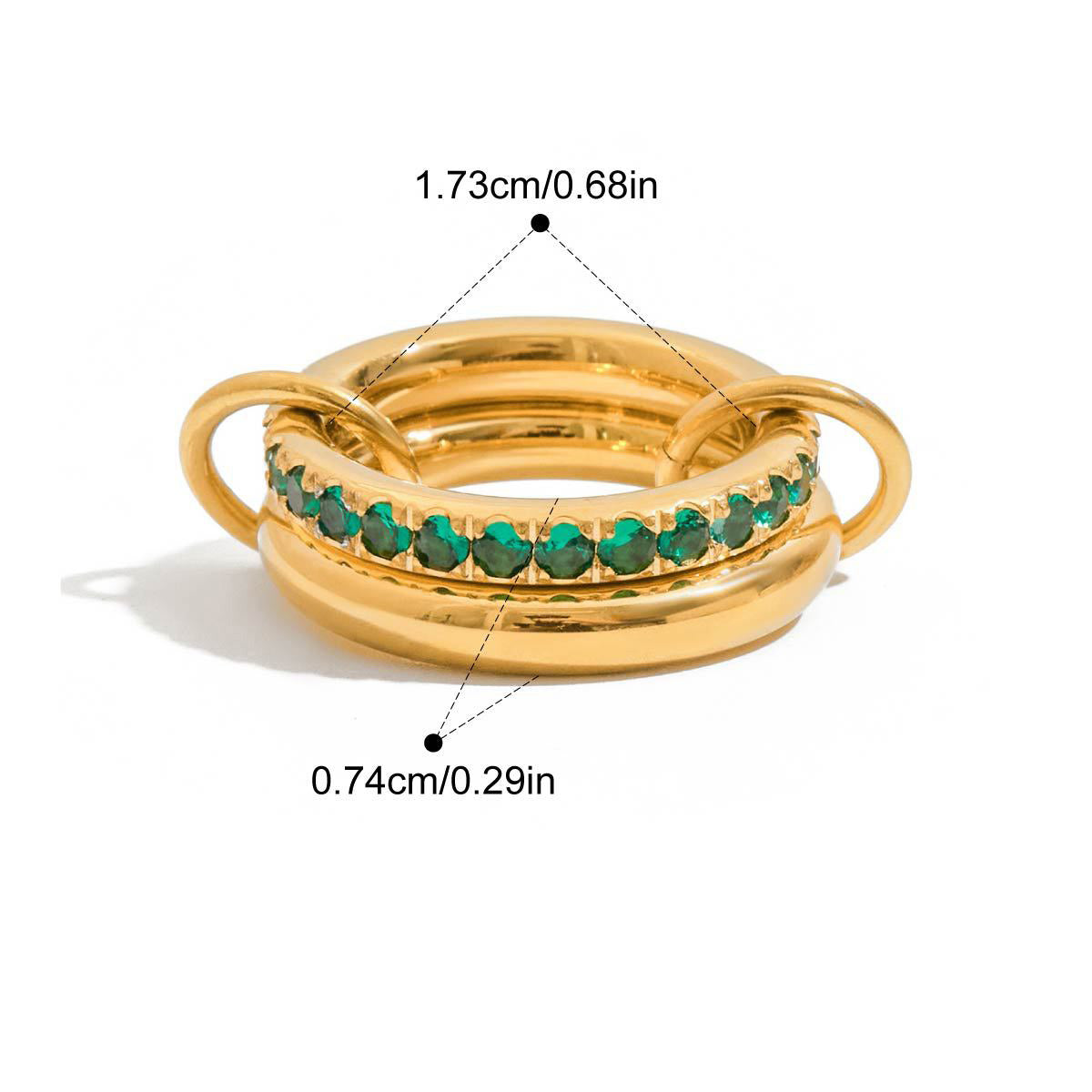 Green cubic zirconia ring set in gold PVD plated stainless steel, stackable fashion ring with durable colorfast finish