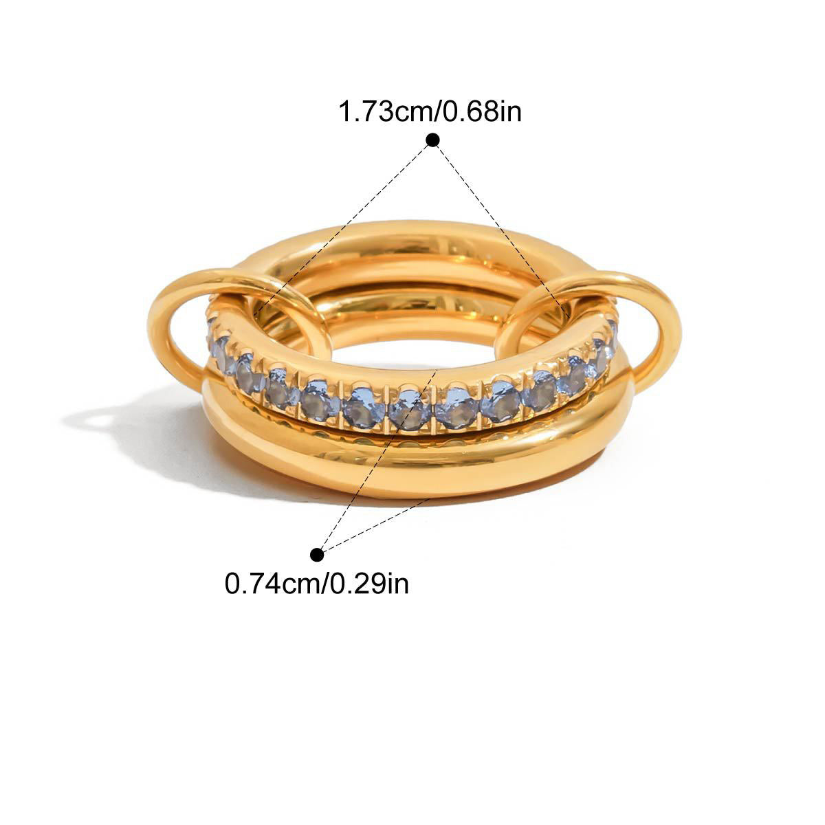 Blue zircon ring for women made from gold PVD coated stainless steel, trendy non tarnish jewelry accessory