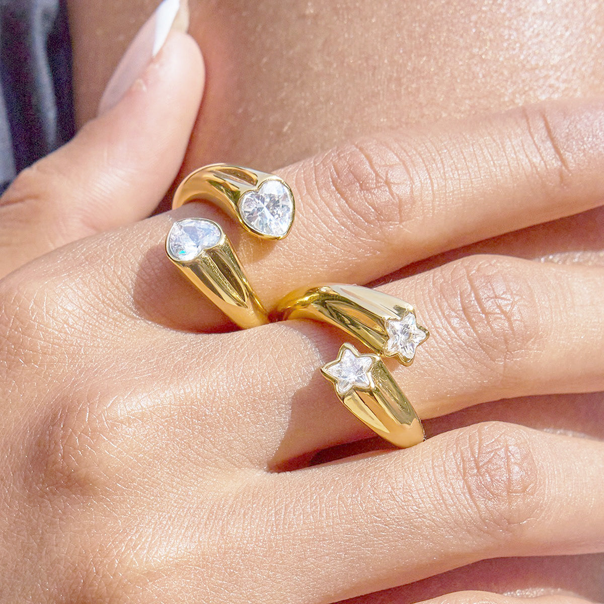 Alt text: Adjustable gold star ring with zircon for women non tarnish stainless steel fashion jewelry set of 5