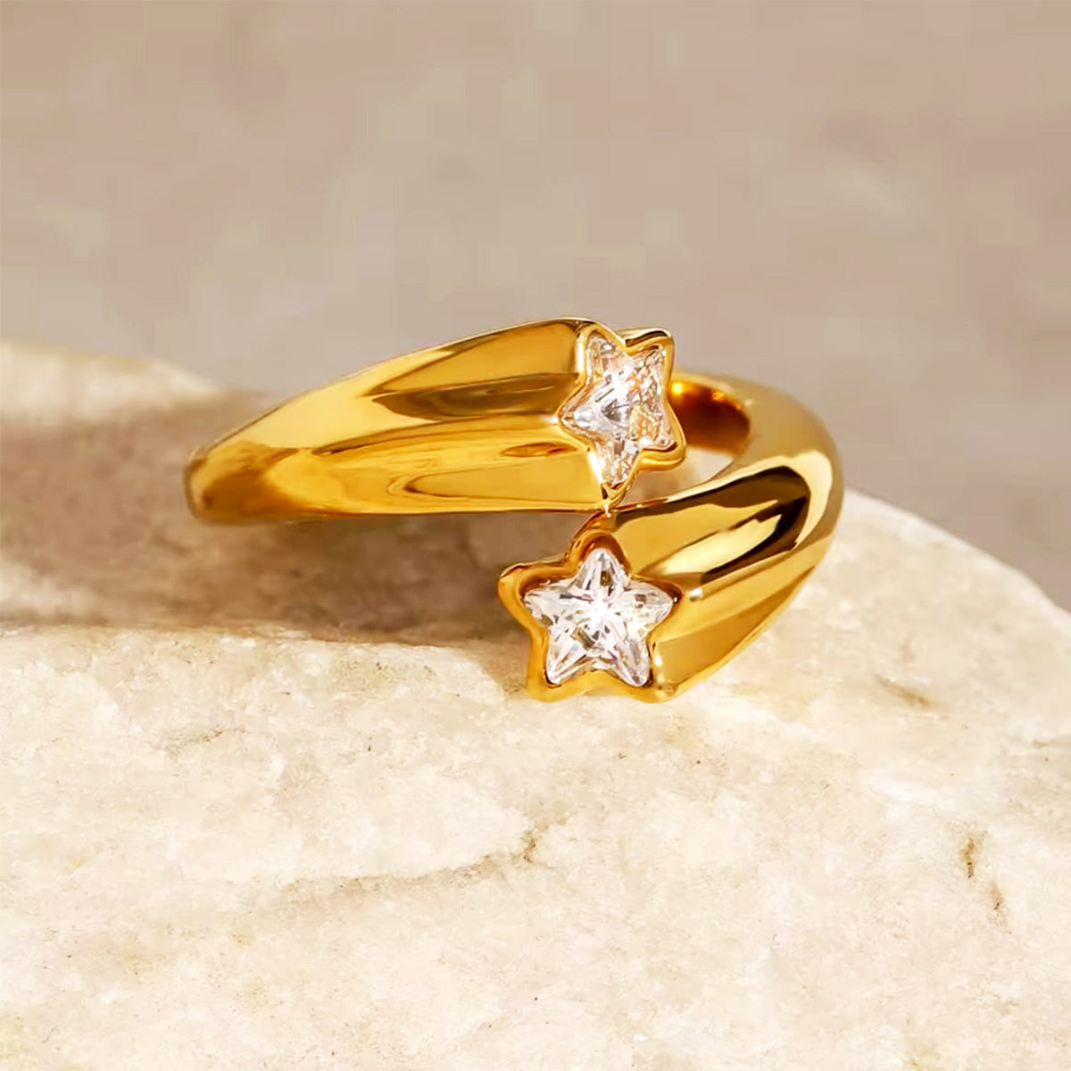 Alt text: Stackable gold star rings set of 5 with shiny zircon accents fashionable daily wear for women