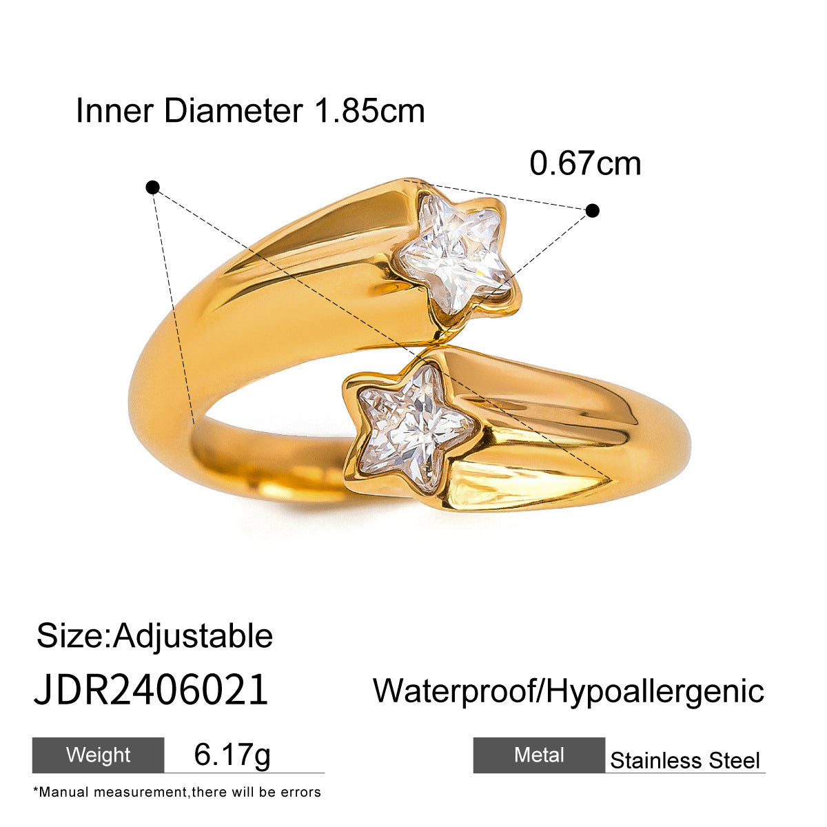 Alt text: Stainless steel gold star wrap ring with zircon crystal adjustable fit for women jewelry gift