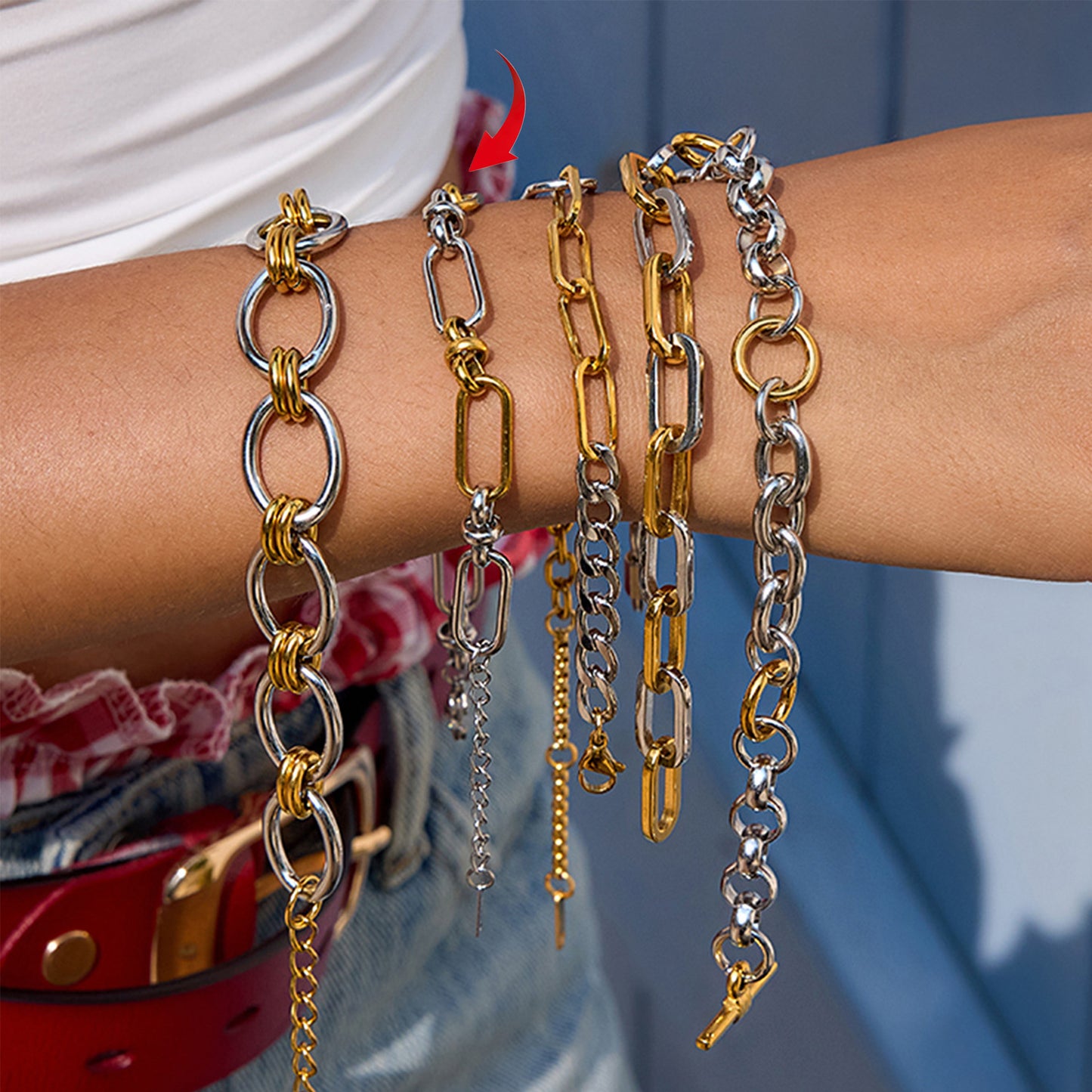 Model showcasing a stylish bracelet for women featuring two tone gold and silver bracelet links in a modern design, stacked as part of a trendy women's stacking bracelets look.
