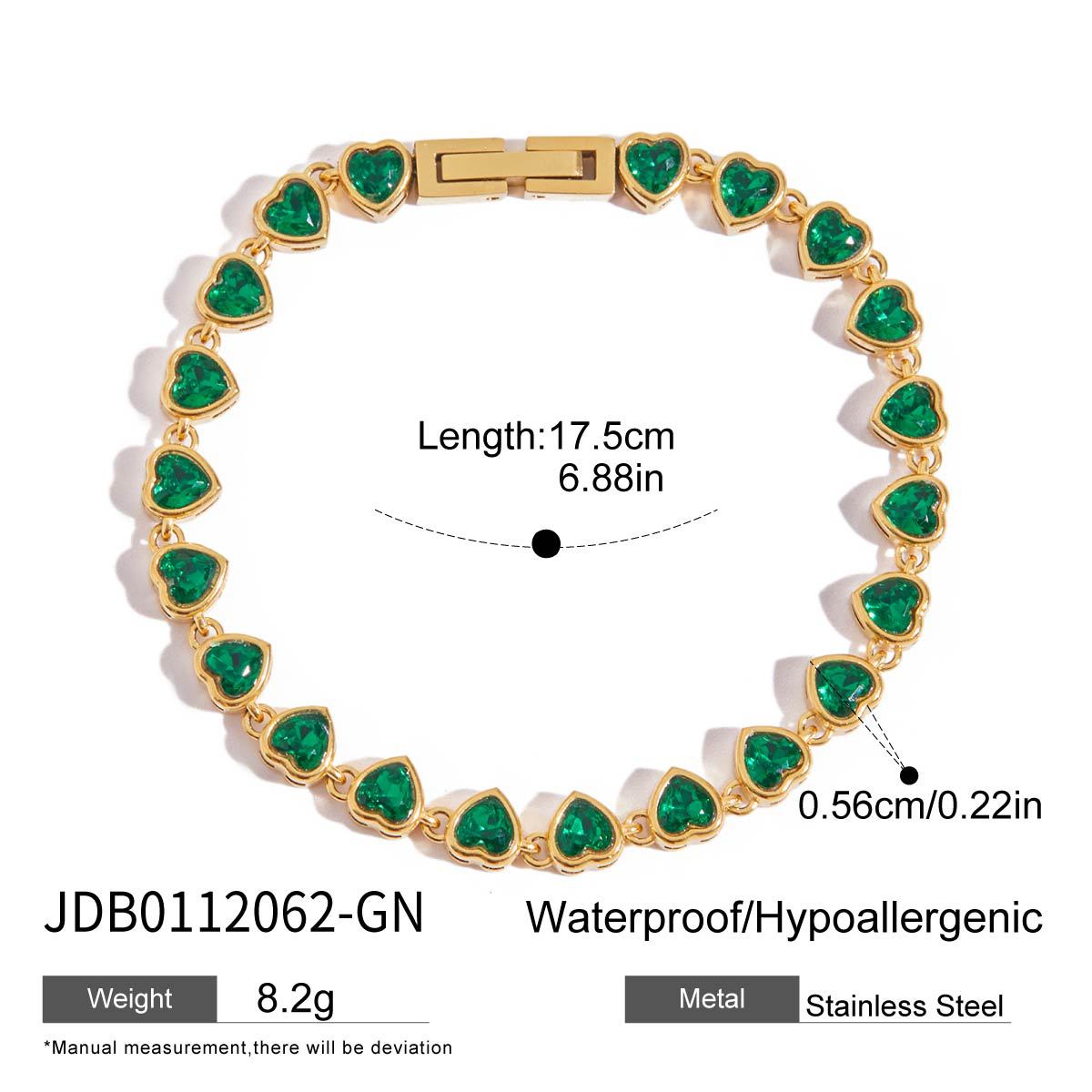 Stainless steel green heart bracelet with measurements ideal for women valentine jewelry and gift set wholesale.
