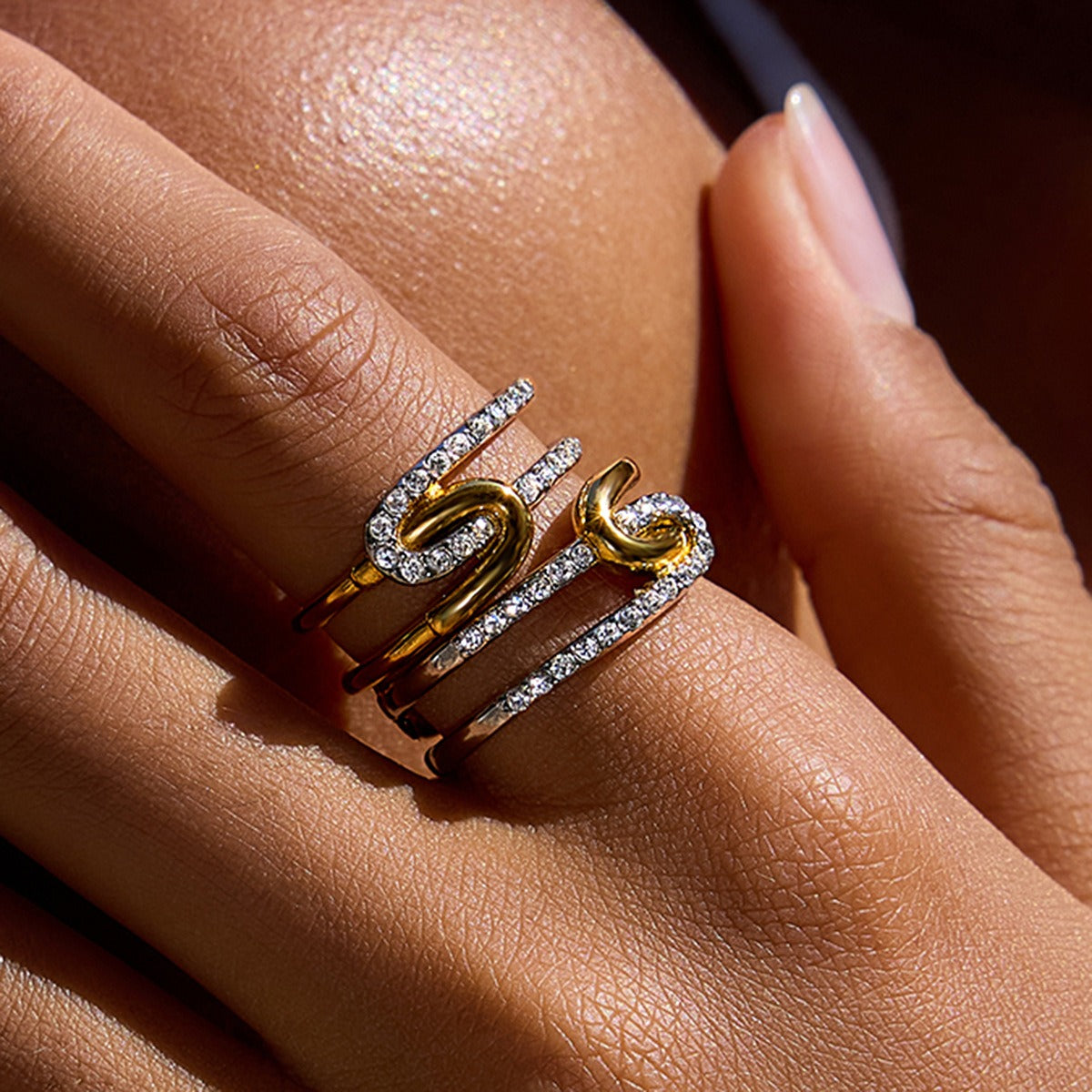 Two tone stainless steel ring with rhinestones styled for summer fashion