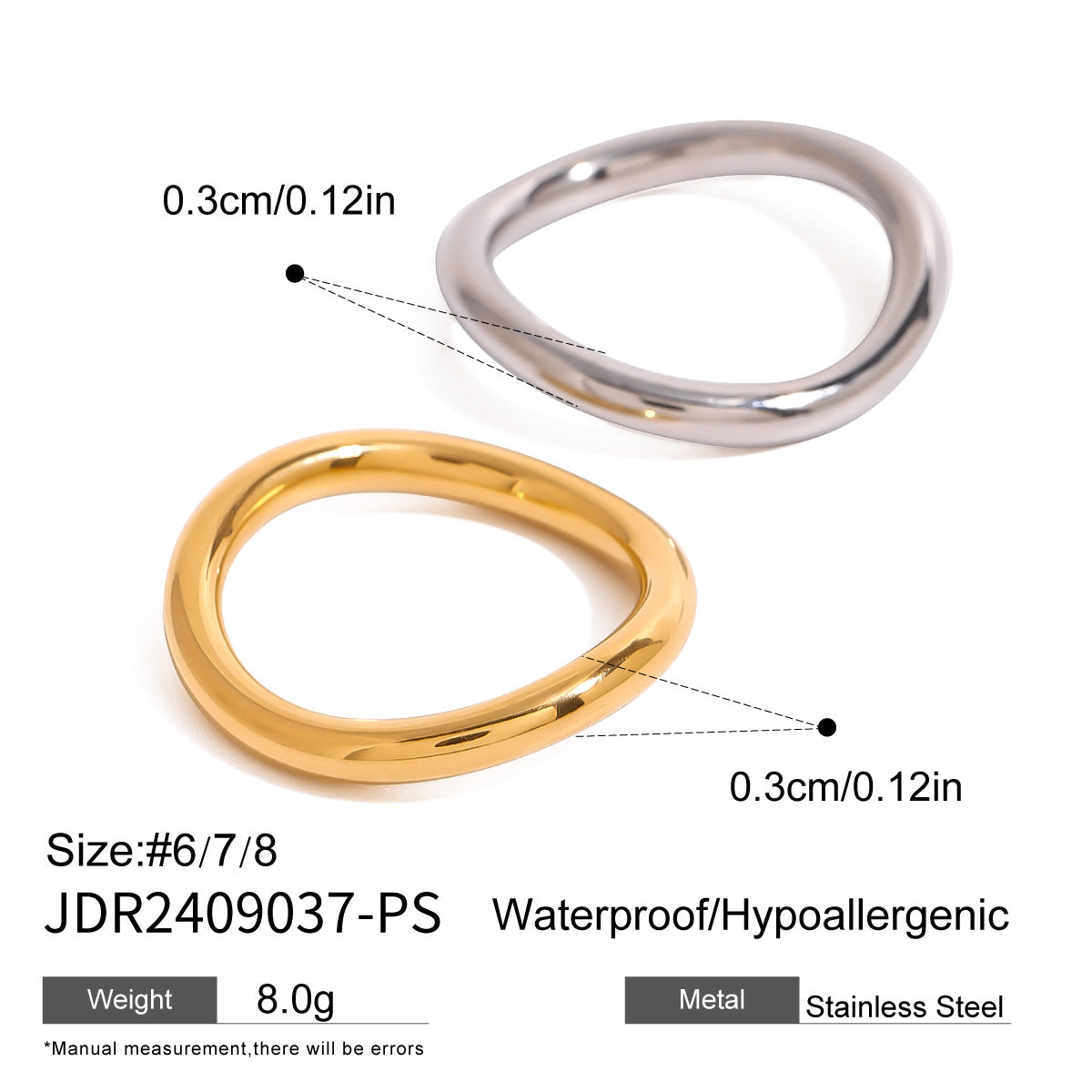 Close-up of two tone rings in gold and silver stainless steel finish, waterproof and hypoallergenic design for trendy stacking ring lovers.