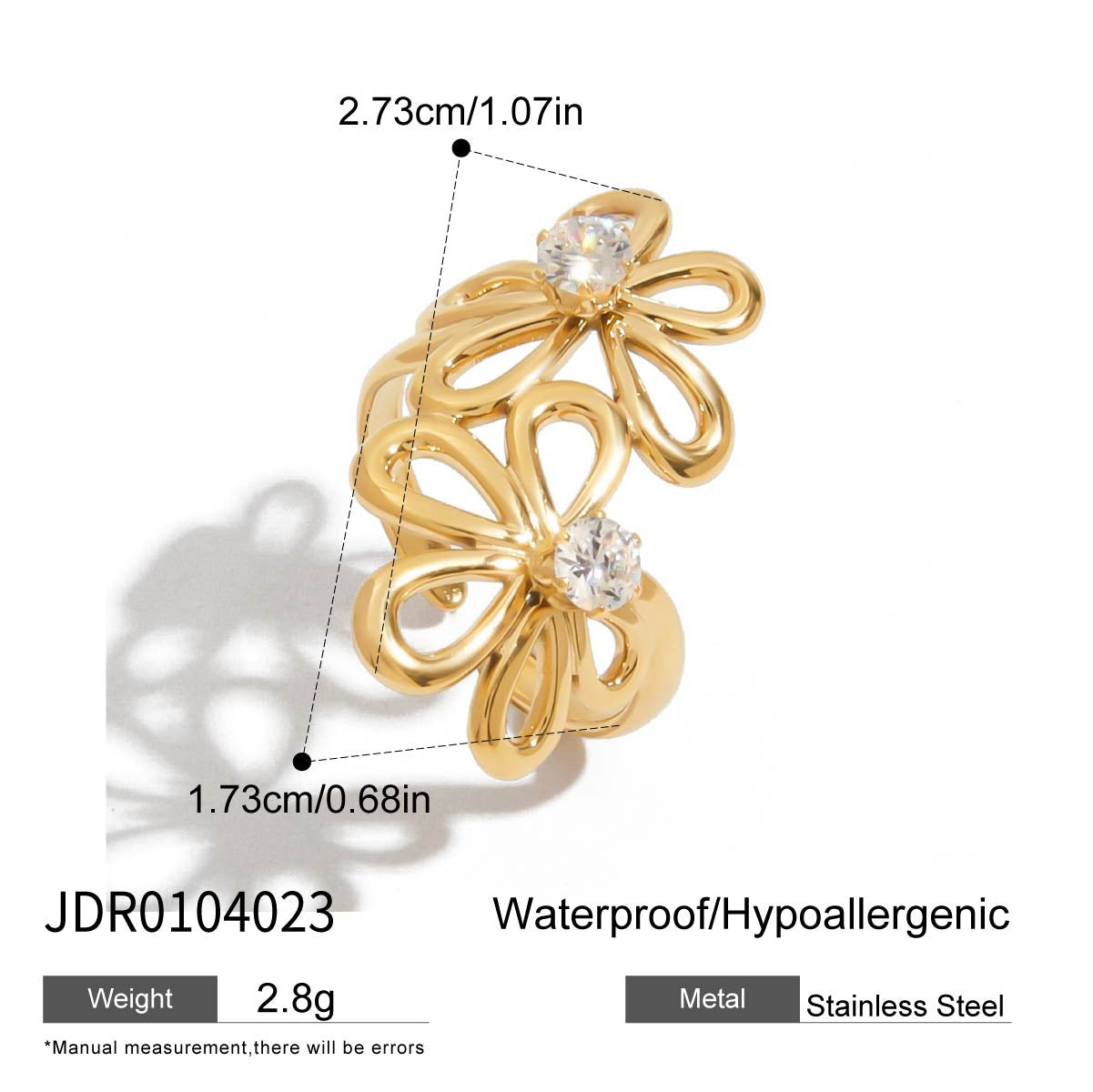 Adjustable gold flower ring set of 5 made from non tarnish titanium steel with zircon accents, perfect fashion jewelry for women.