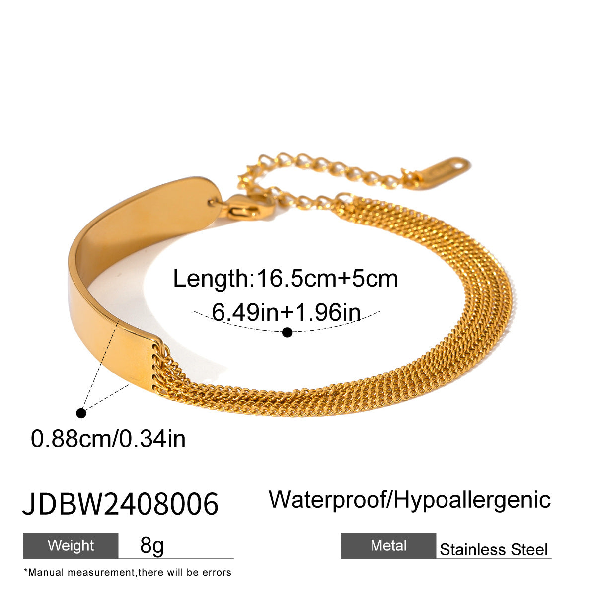 Gold stainless steel bracelet for women featuring a bold flat plate and layered chain bracelet design, perfect as a gift for her bracelet or a statement piece in any jewelry collection.