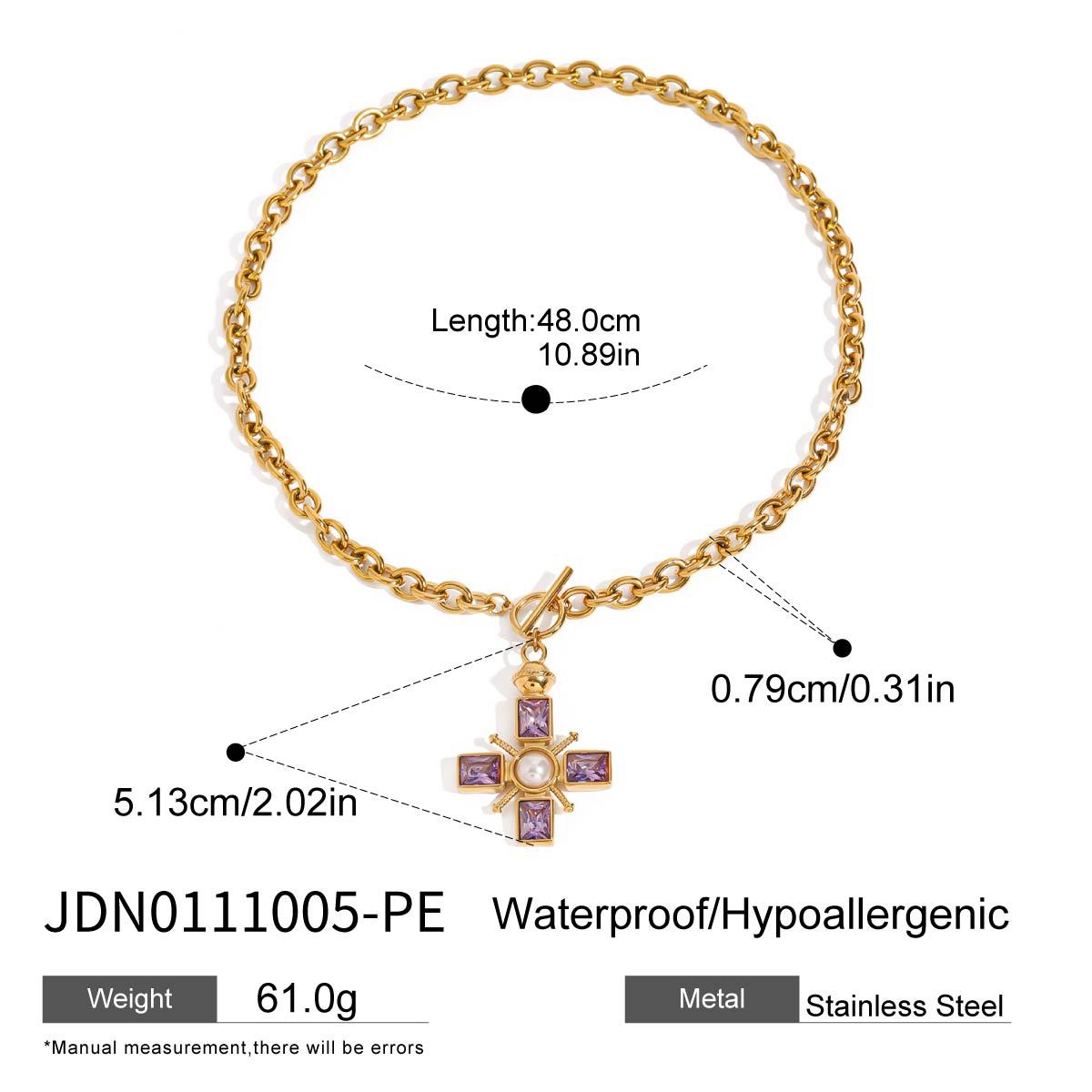 White crystal and pearl cross pendant necklace on gold chain, showing necklace size and stainless steel material details. Waterproof hypoallergenic jewelry for women from factory supplier