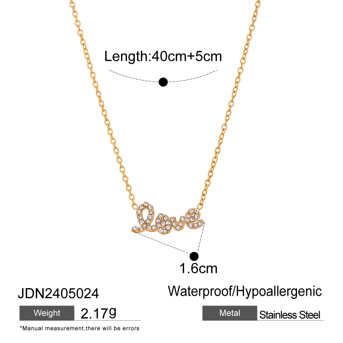 Close-up of dainty gold love necklace with cubic zirconia pendant in stainless steel, featuring a romantic 'love' design. This gold love necklace is anti tarnish and perfect as a Valentine’s Day necklace for her or an everyday I love you necklace for girlfriend.