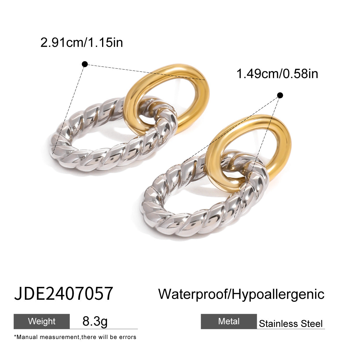 Detailed size chart of gold and silver chunky twist earrings. Hypoallergenic stainless steel geometric jewelry with titanium studs, suitable for wholesale orders or boutique listings.