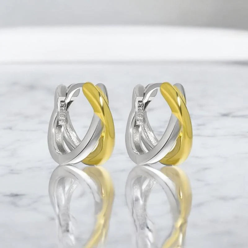 Two tone knot hoop earrings in 925 sterling silver with gold plating for women minimalist chic fashion, wholesale 925 silver jewelry.