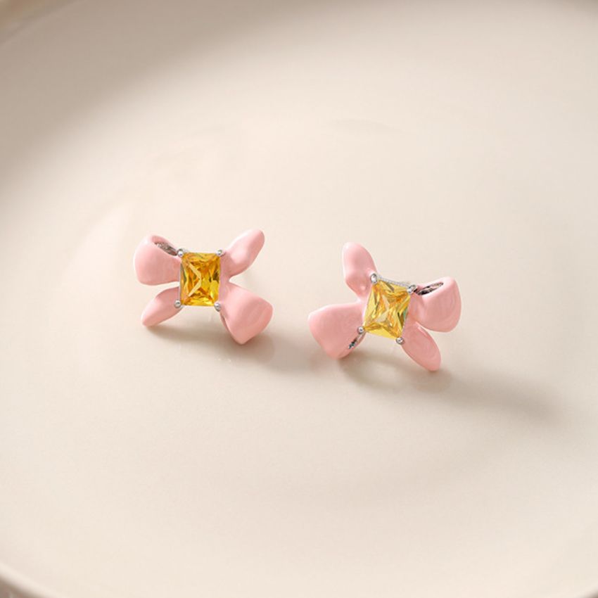 Wholesale 5 Pairs Set Brass Pink Enamel Bowknot Earrings with Yellow Cubic Zirconia Sweet Romantic Bow Studs for Daily Wear