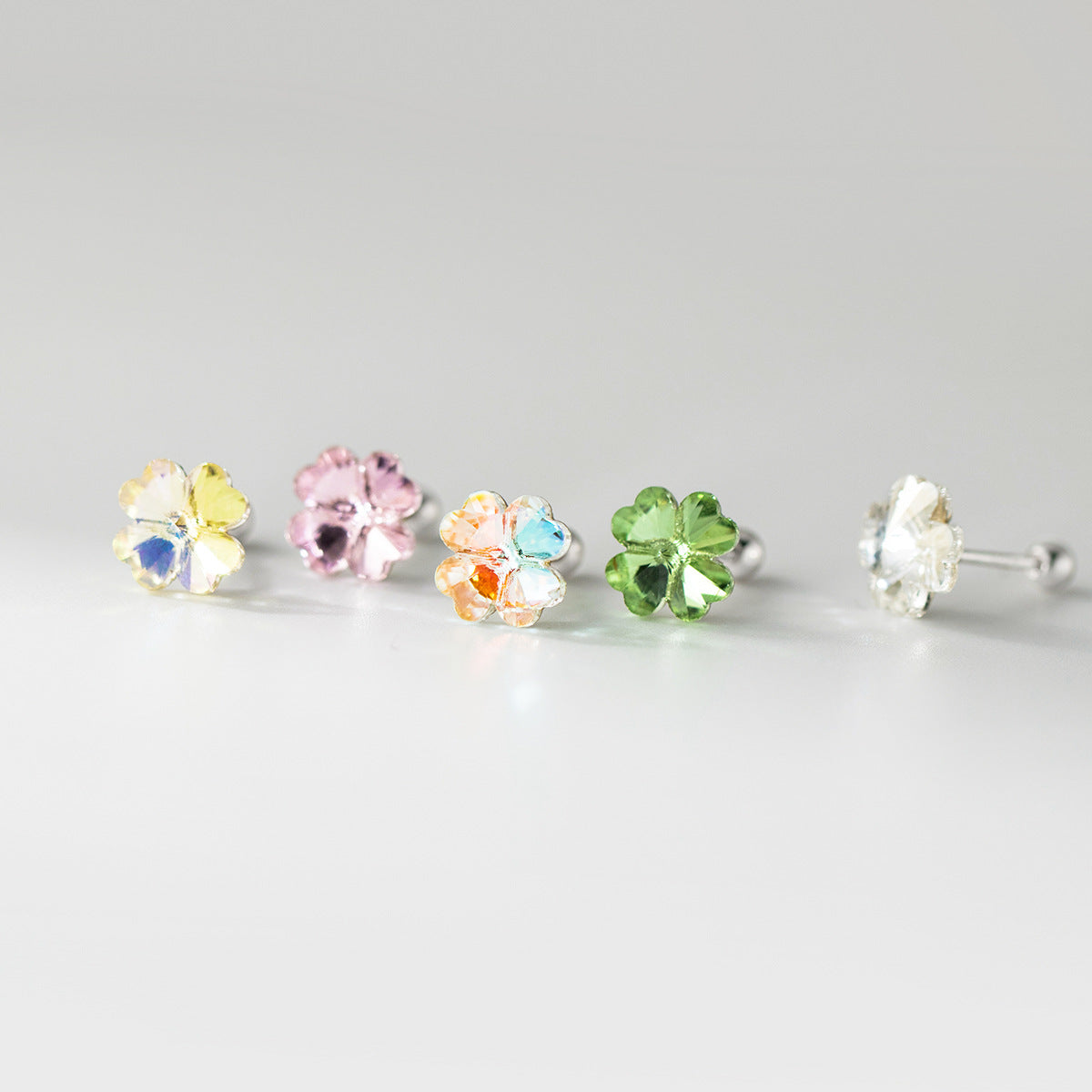 925 sterling silver earrings wholesale colorful crystal four leaf clover cartilage studs bulk for women – 5 pairs assorted colors