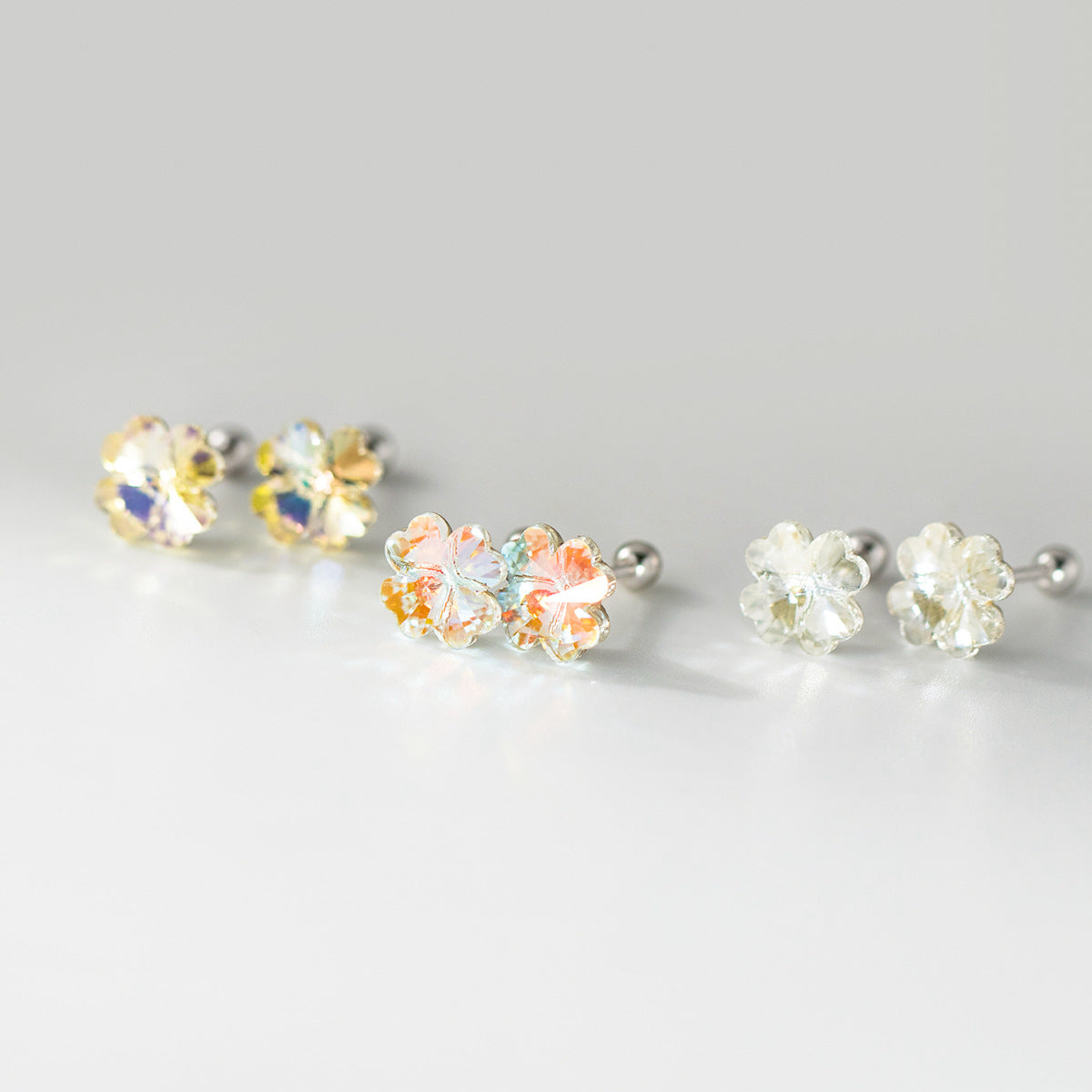 925 sterling silver earrings wholesale yellow crystal and colorful crystal and white crystal four leaf clover studs bulk for boutiques