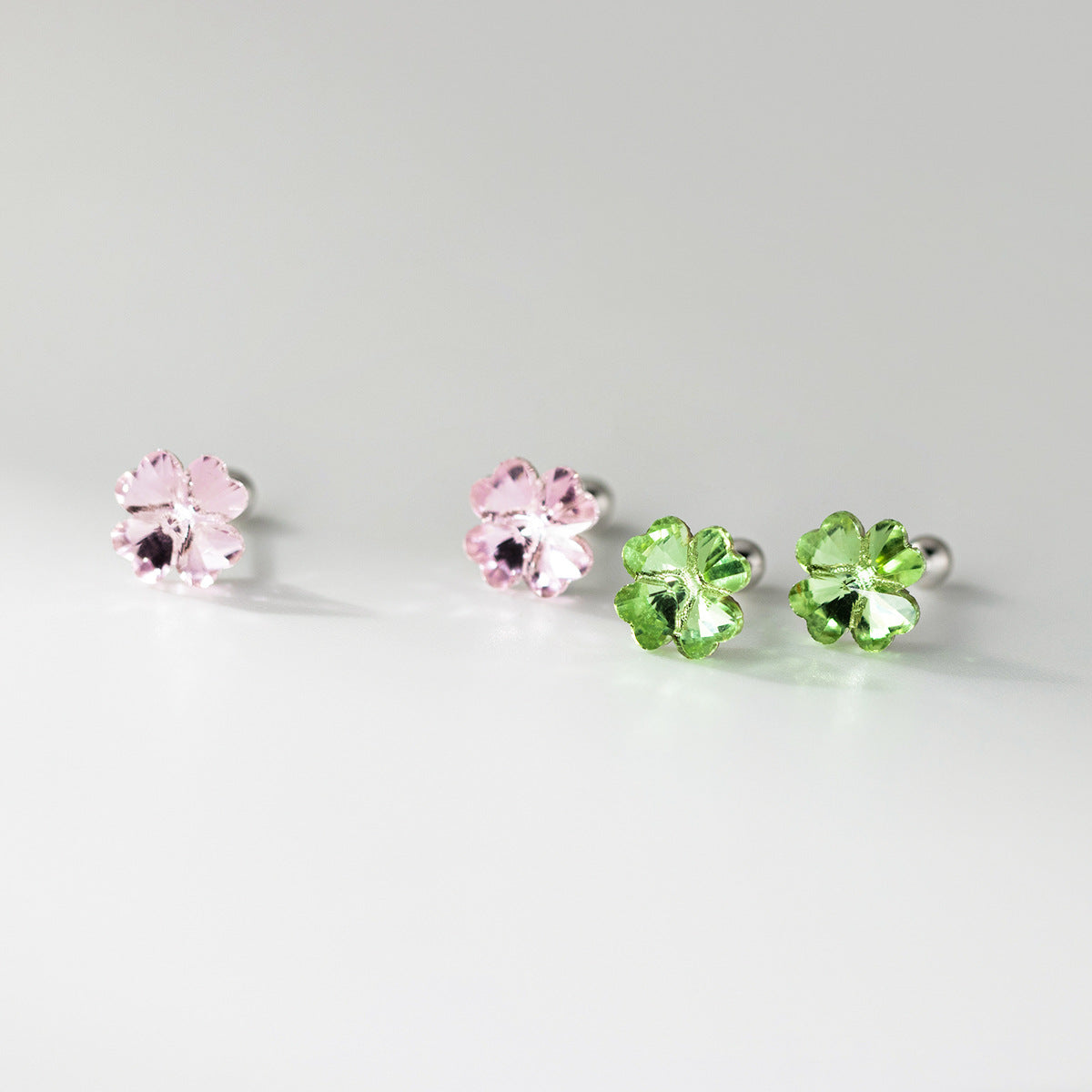 925 sterling silver earrings wholesale pink crystal and green crystal four leaf clover cartilage studs bulk jewelry for women