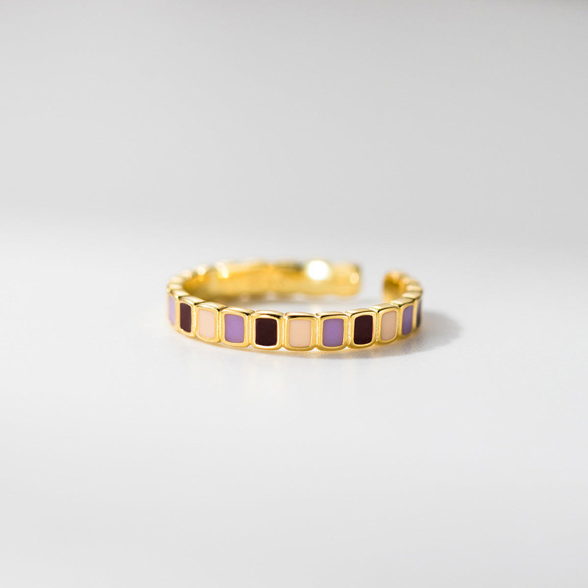 Wholesale 925 sterling silver adjustable color block enamel geometric ring in gold with purple, cream, and burgundy blocks, minimalist jewelry for everyday wear.