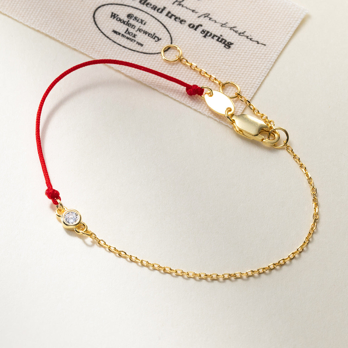 Gold chain and red string cubic zirconia bracelet for women, 925 sterling silver wholesale fashion jewelry.