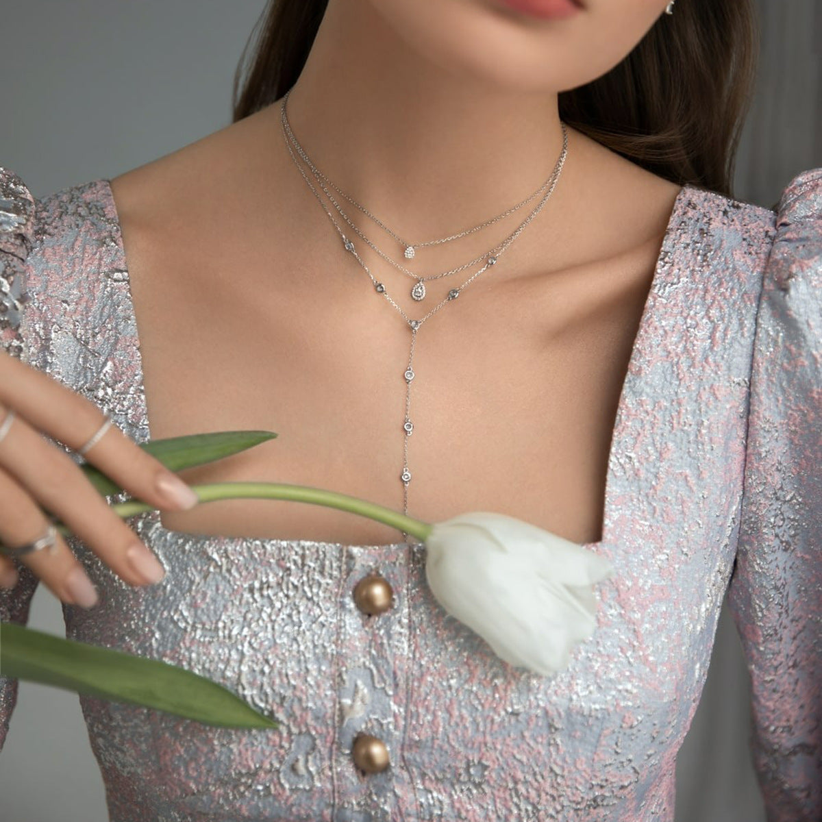 Wholesale 925 sterling silver cubic zirconia Y necklace layered style for women fashion jewelry