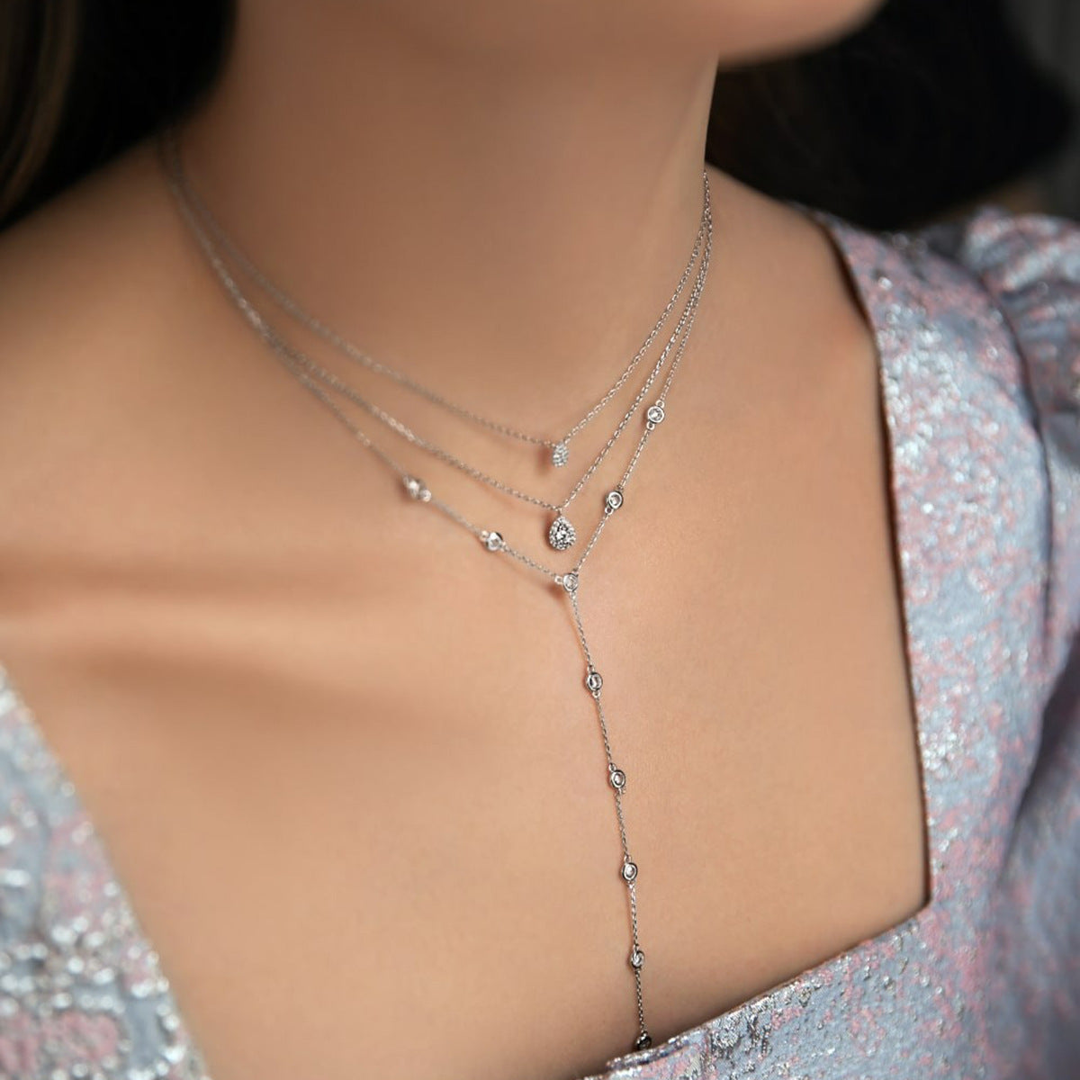 Layered 925 sterling silver cubic zirconia Y necklace wholesale for women special occasions