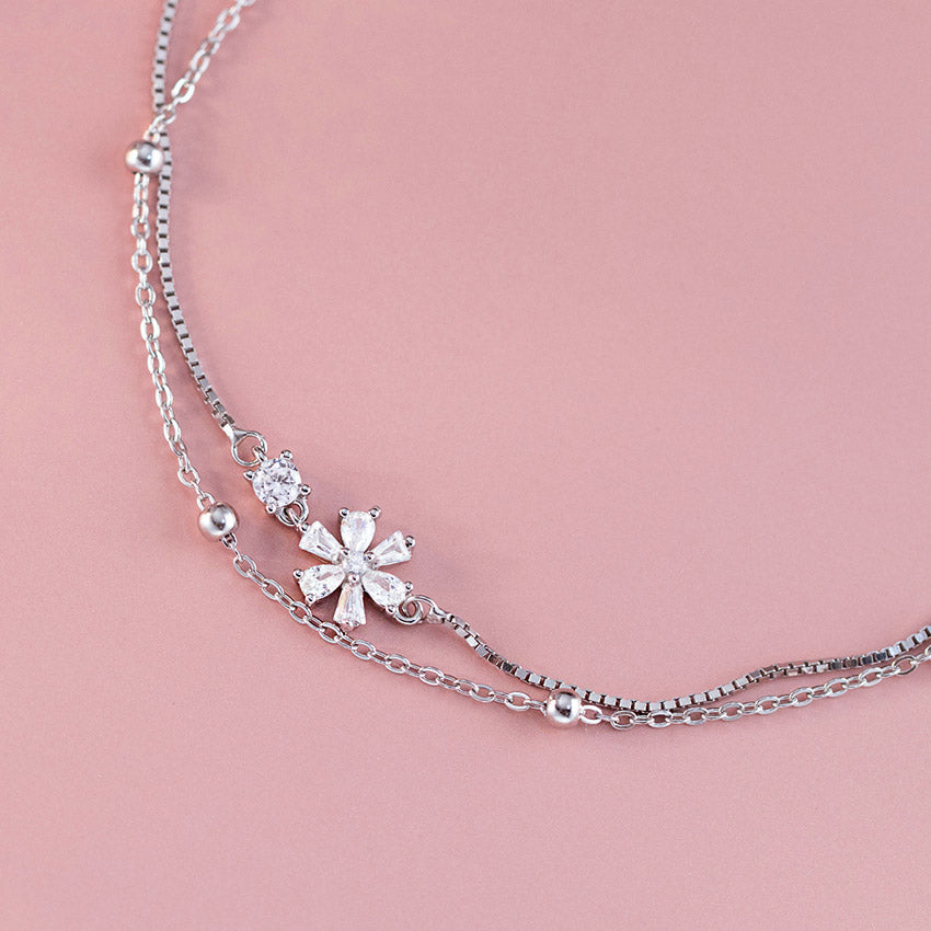 925 sterling silver flower charm with bead chain double layer bracelet