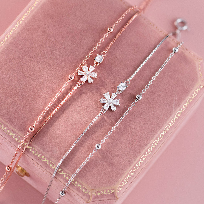 925 silver flower zircon double layer bracelet