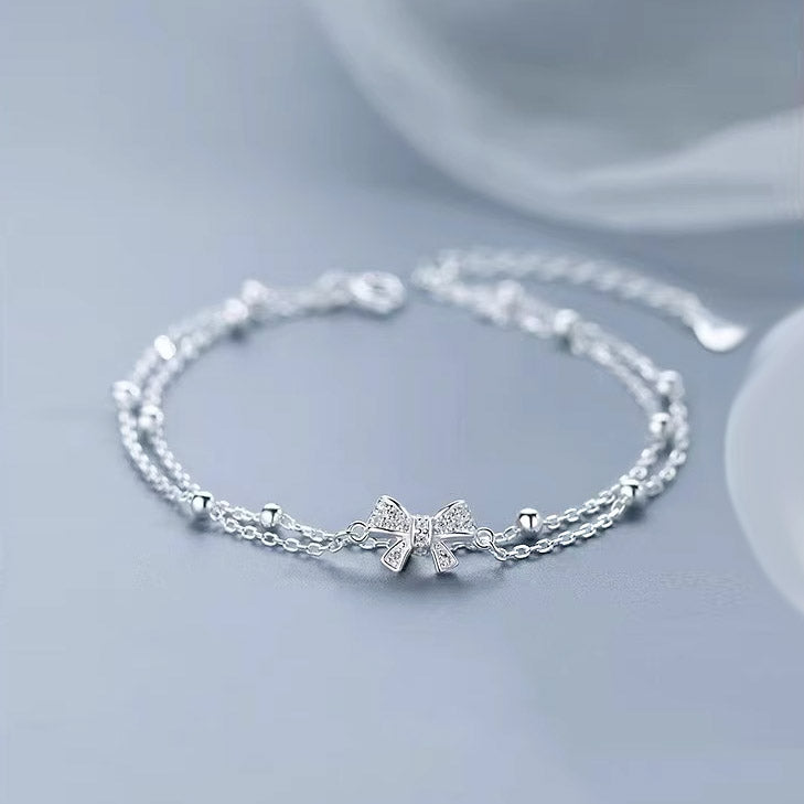 double layer 925 sterling silver bow knot bracelet